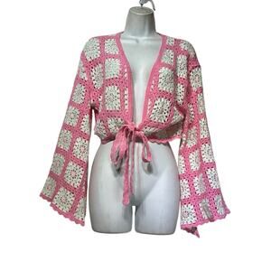 Francesca’s Pink White Crochet Tie Front Cardigan Boho Granny Square Crop Top S